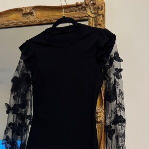 SHEIN Black Blouse with Lace Butterfly Sleeves